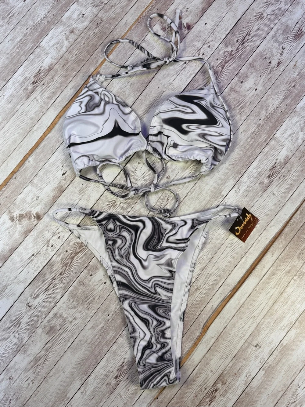 Marble-Print Ruched Mini Dress with Matching Bikini